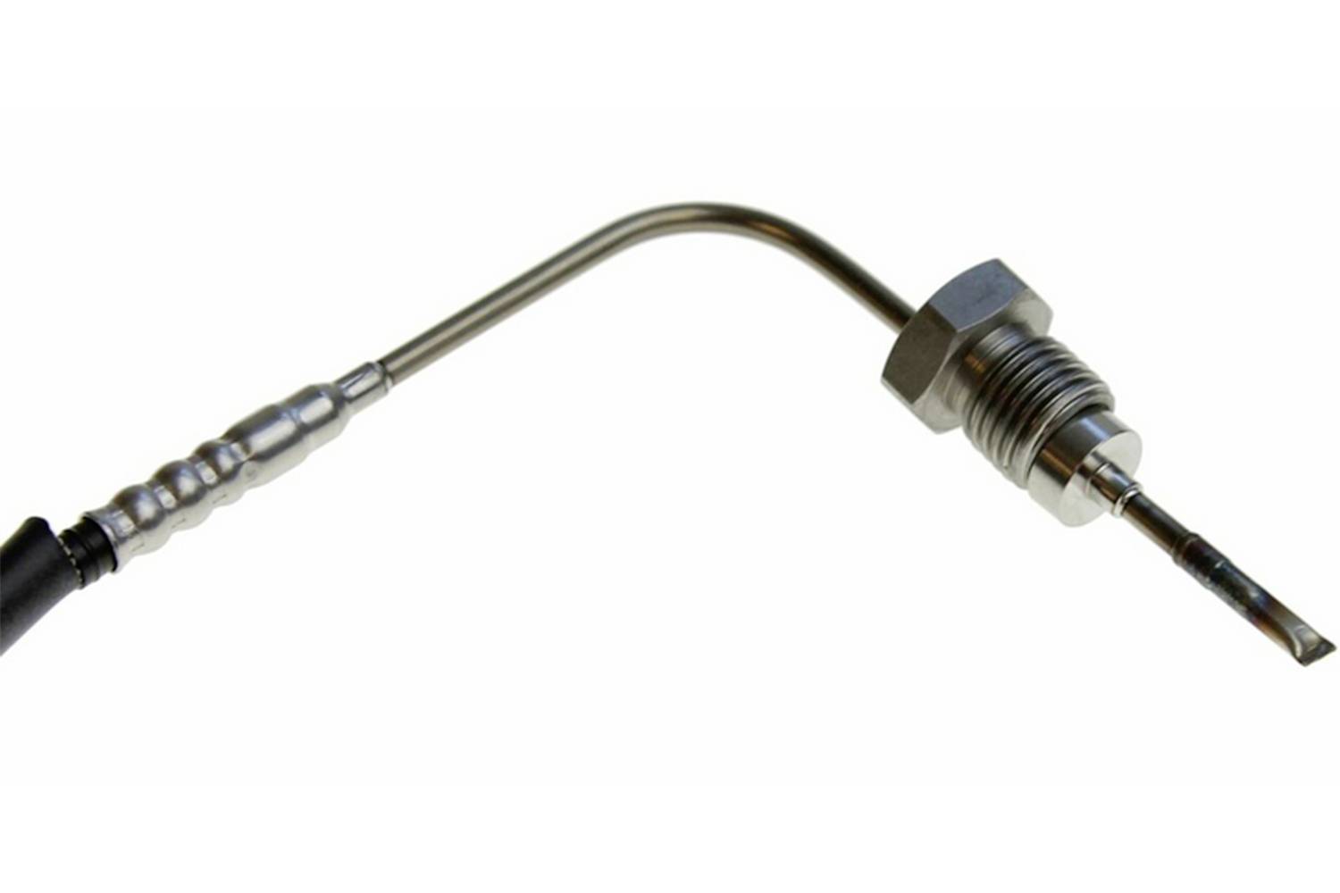 Einzelne Metallsonde mit gebogenem Schaft und Gewinde am Ende, wahrscheinlich für Temperaturmessungen in technischen Anwendungen.