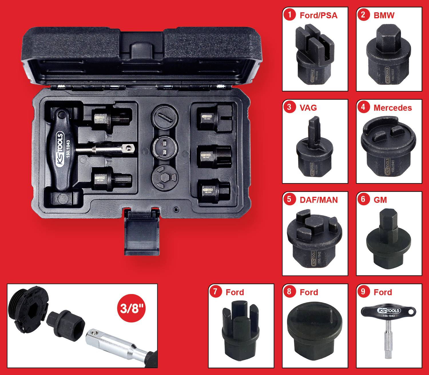 'Satz mit Ölablassschlüssel-Adaptern verschiedener Marken in einem offenen schwarzen Koffer. Marken: Ford/PSA, BMW, VAG, Mercedes, DAF/MAN, GM, Ford.'