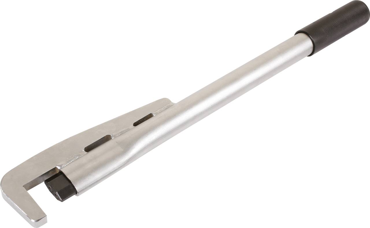 Rohrschlüssel aus Metall mit schwarzem Griff. Geeignet für das Lösen oder Anziehen von großen Verbindungsstücken oder Rohren.