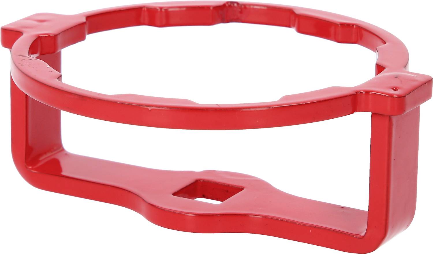 Ein roter, runder Plastikrahmen mit drei Stützen und einer quadratischen Öffnung an der Basis.