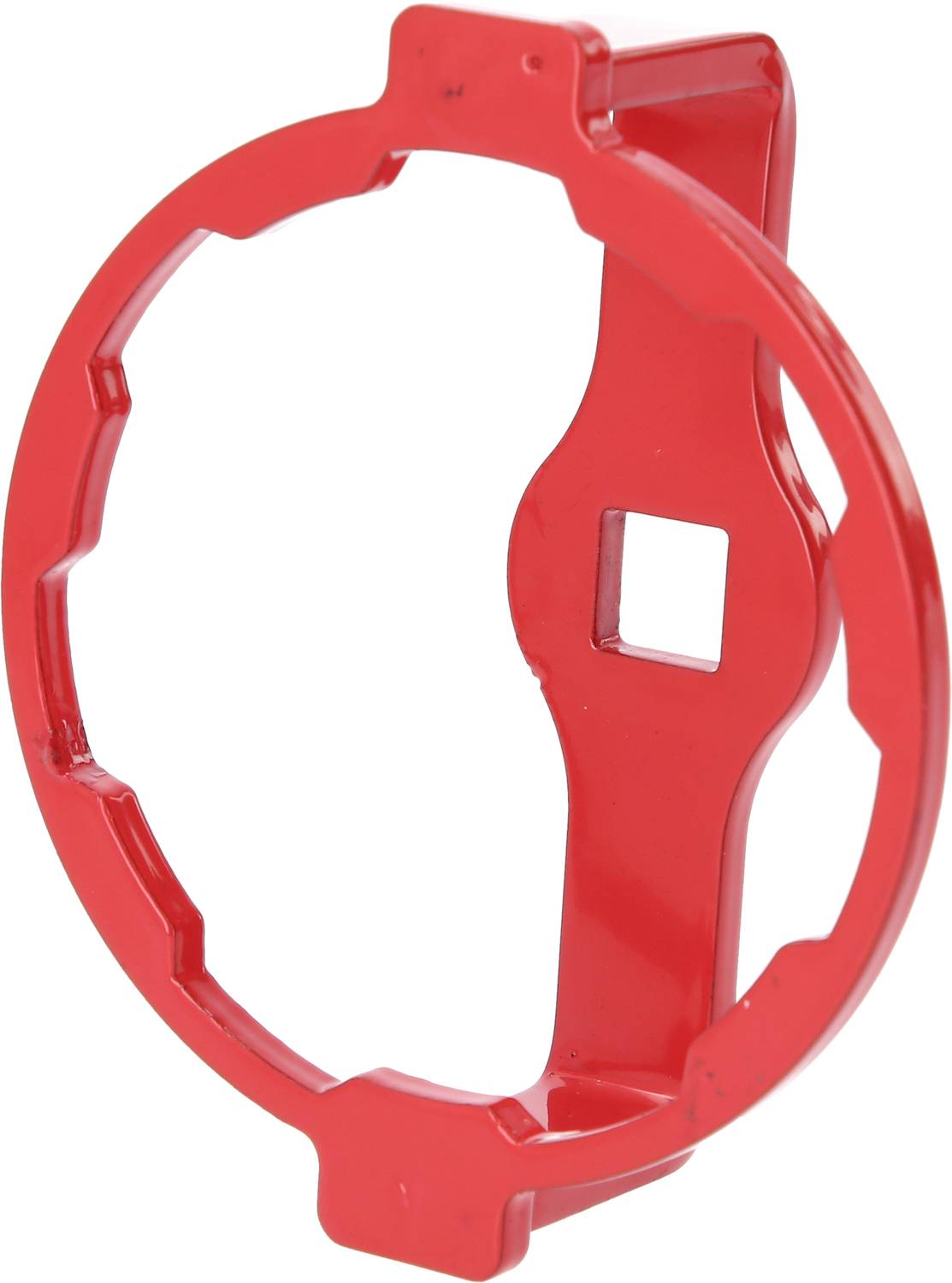 Runder, roter Kunststoffgegenstand mit einem quadratischen Loch in der Mitte, möglicherweise ein Ring oder Halterungselement.