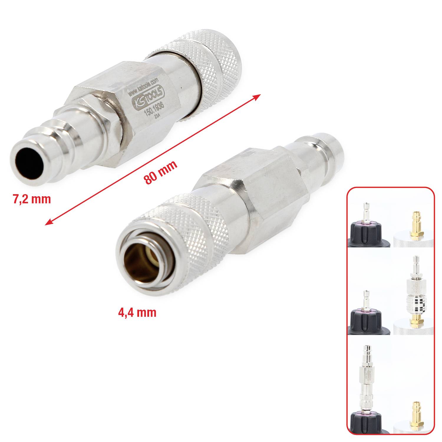 Zwei Metallkupplungen aus Edelstahl für Druckluftsysteme, mit Markierungen. Maße betragen 7,2 mm, 4,4 mm und 80 mm.