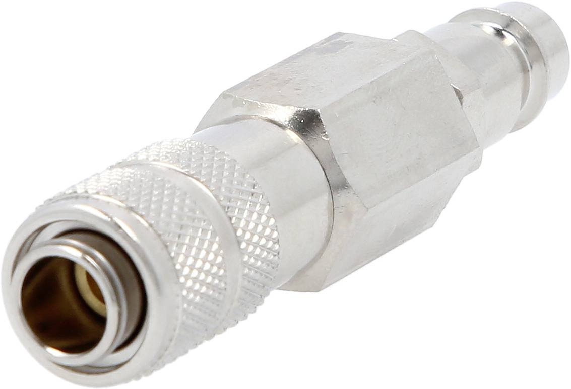 Ein Metallstecker, möglicherweise ein Pneumatik-Schnellkupplungsstecker, liegt auf weißem Hintergrund.