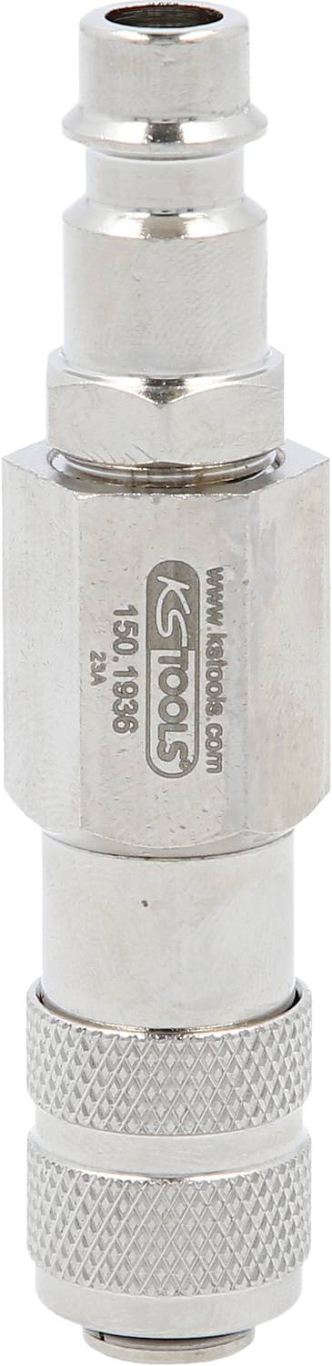 Metallischer Druckluftkupplungsstecker mit gerändeltem Griff, auf dem 'KSTOOLS' eingraviert ist. Verbindet Druckluftwerkzeuge.