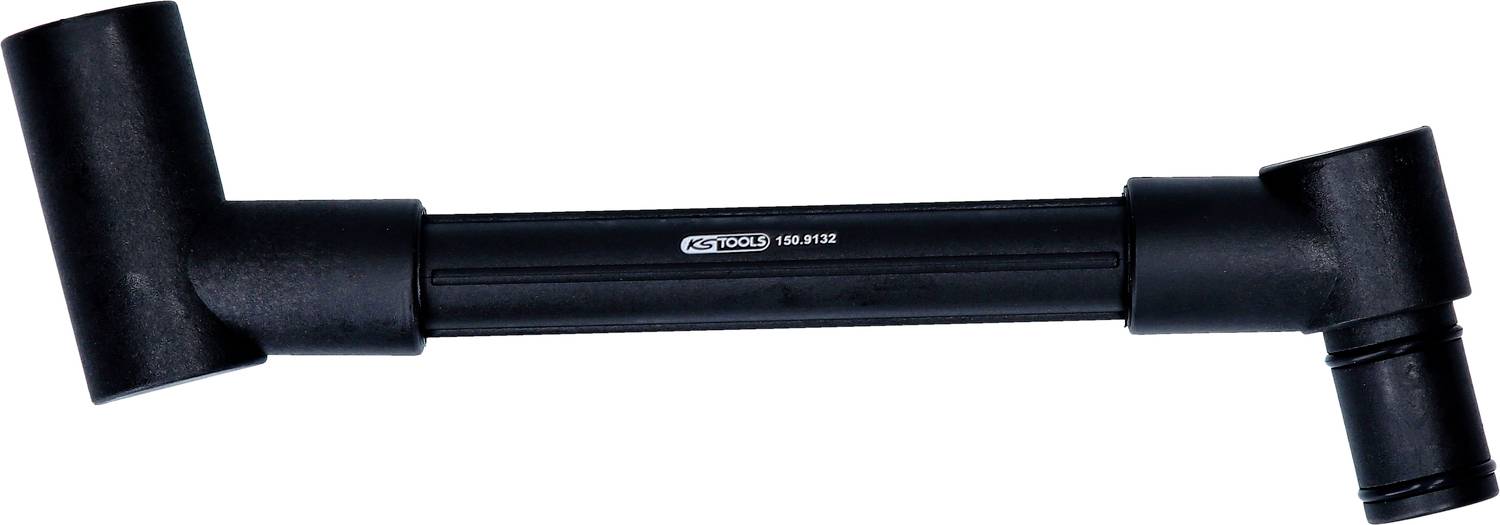 Ein L-förmiger, schwarzer Werkzeugaufsatz mit zwei unterschiedlich großen Enden. Mit der Beschriftung 'KS Tools 150.9322' in der Mitte.