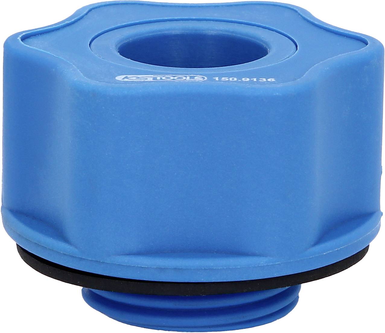 Ein blaues, zylinderförmiges Werkzeugteil mit einem zentralen Loch, wahrscheinlich ein Adapter oder eine Verschlusskappe.