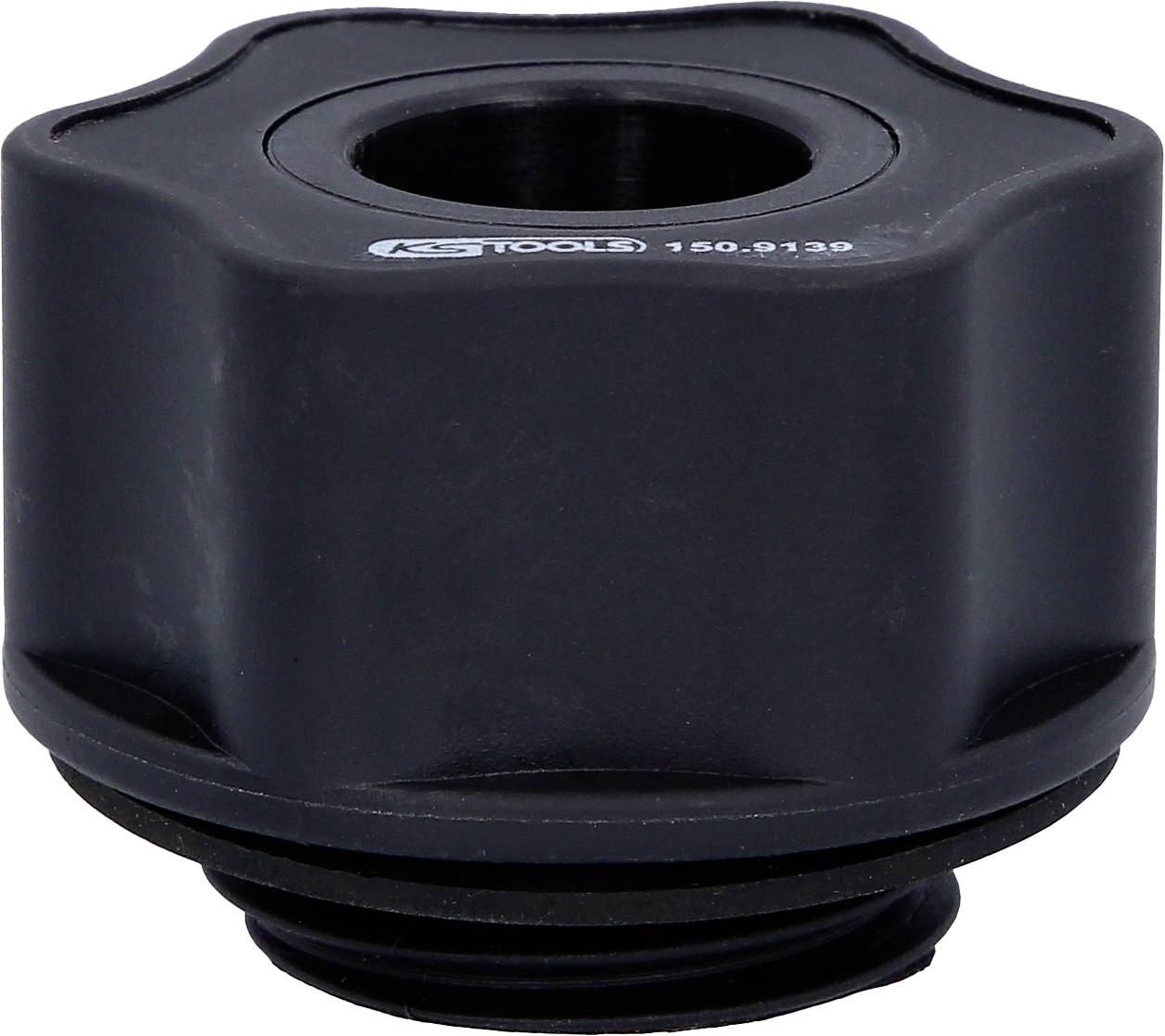 Ein schwarzer Ölfilter-Schlüssel mit sechseckiger Form, geeignet für das Entfernen und Anziehen von Ölfiltern an Fahrzeugen.