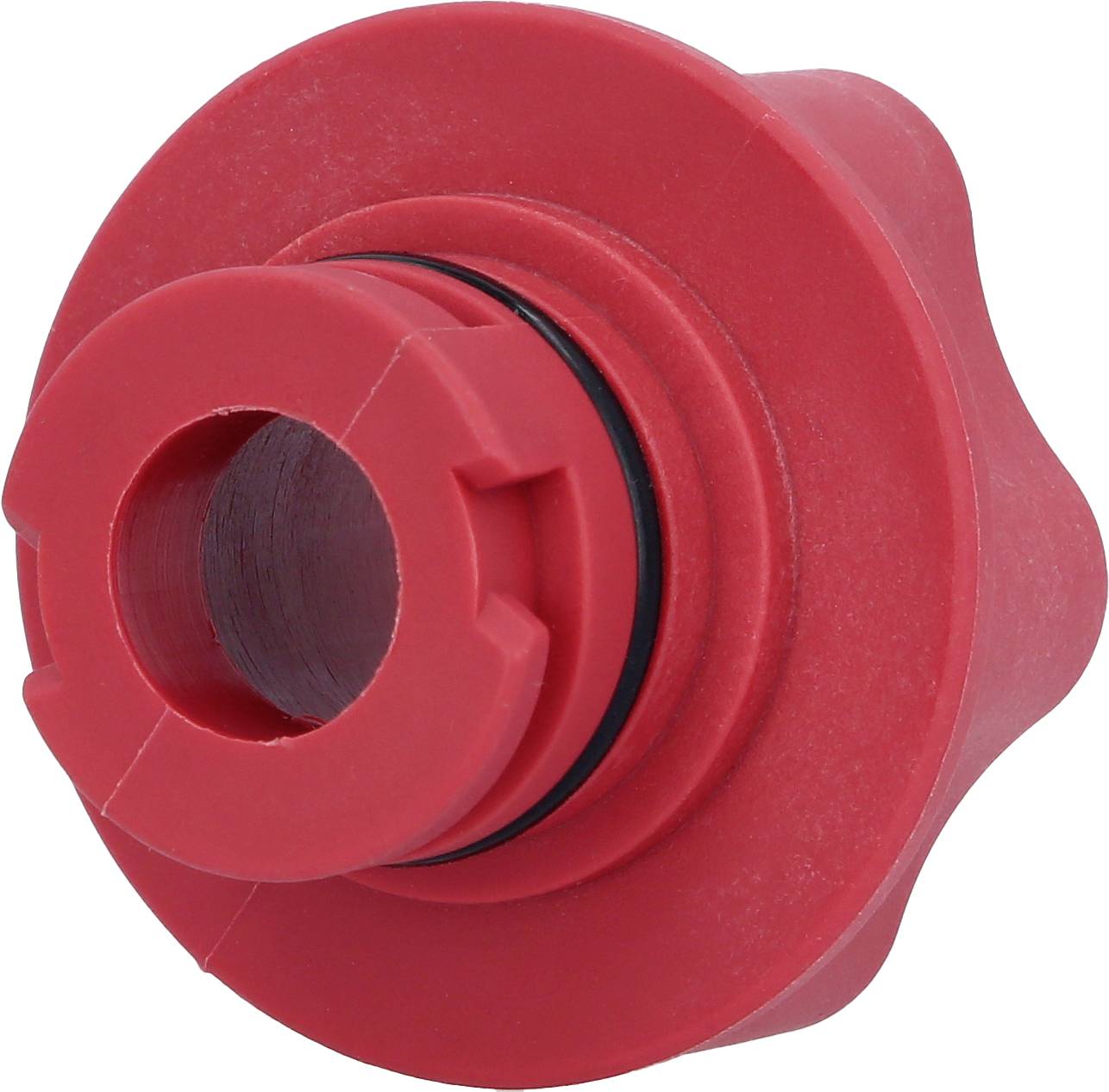Roter Kunststoffverschluss mit einem schwarzen Dichtungsring.