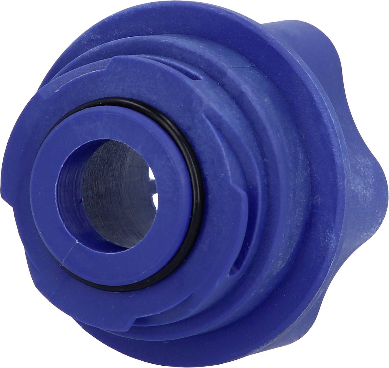 Blauer Kunststoffzahnrad mit schwarzem Innenring, bestehend aus mehreren ineinander greifenden Scheiben.