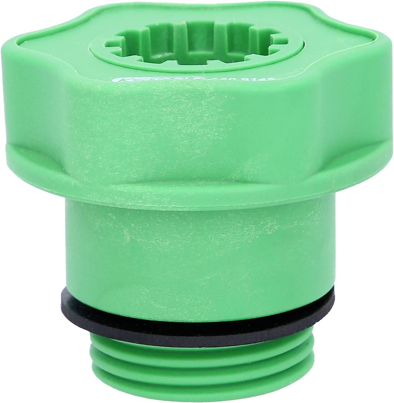 Grüner Kunststoff-Adapter mit geriffelter Oberseite und Schraubgewinde unten, verwendet für Garten- oder Sanitärverbindungen.