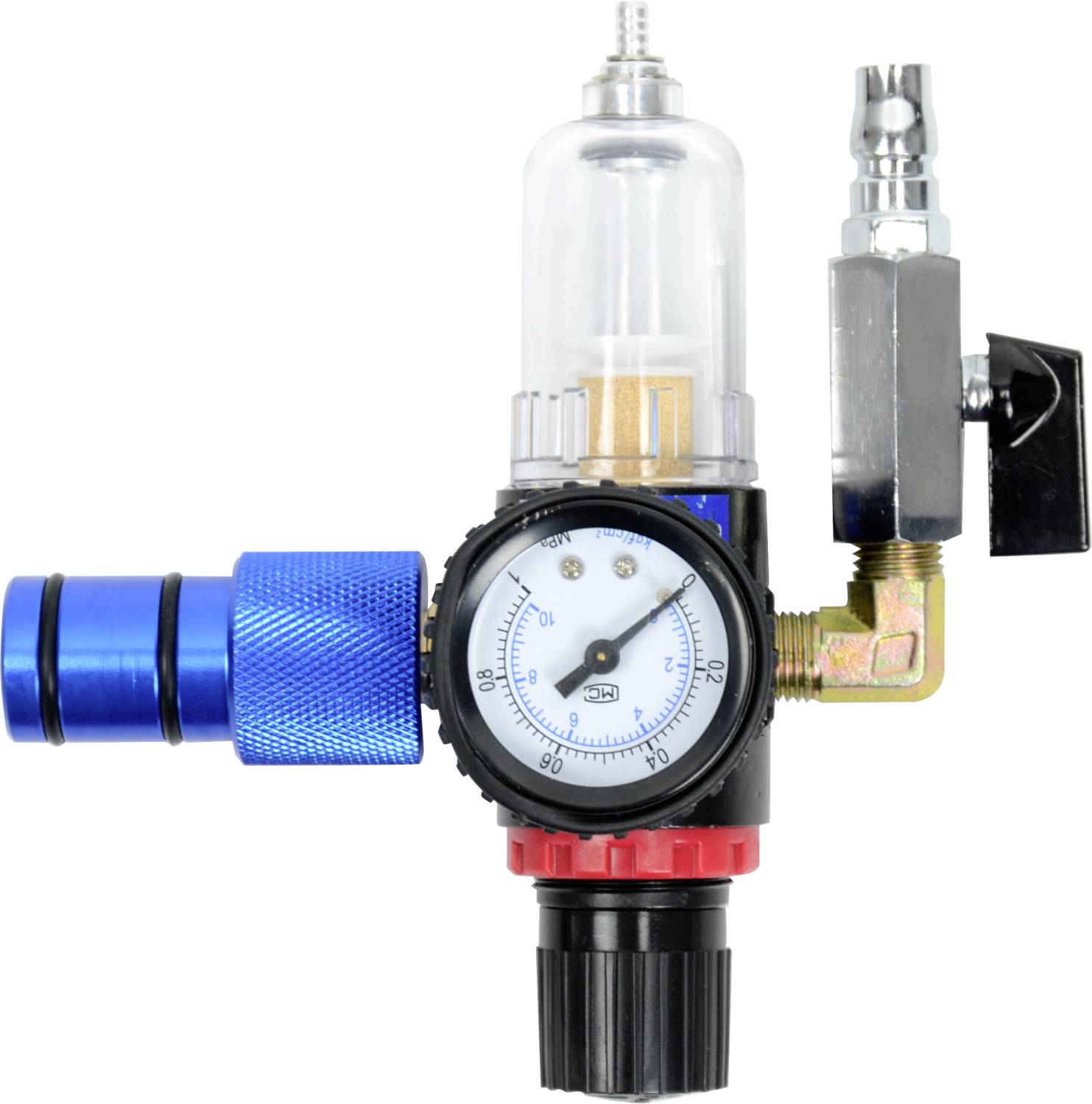 Ein Druckminderer mit Manometer und blauem Anschluss, reguliert Luftdruck für Kompressorsysteme. Hauptbestandteil eines Druckluftsystems.