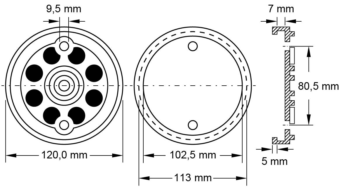 Technische Zeichnung eines kreisförmigen Bauteils mit Maßen: Durchmesser 120 mm, Dicke 7 mm, und Detailansicht von 80,5 mm.