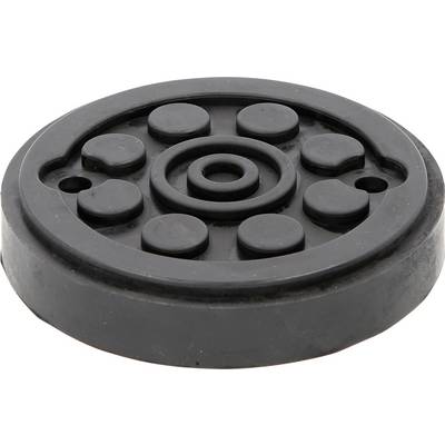 Runde schwarze Gummiunterlage mit mehreren runden Erhebungen und einer zentralen Vertiefung, möglicherweise zur Vibrationsdämpfung.