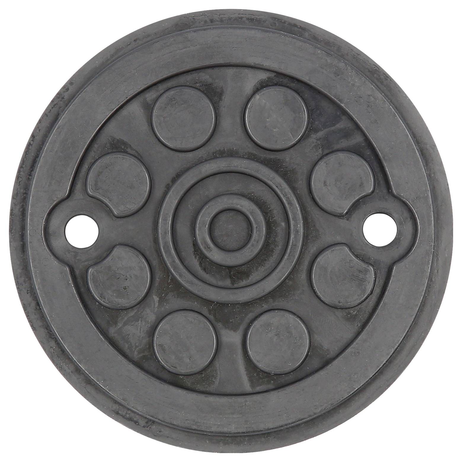 Runde schwarze Gummidichtung mit sieben Löchern und zwei Montageschlitzen, dient als Dichtungs- oder Isolationskomponente in Maschinen.