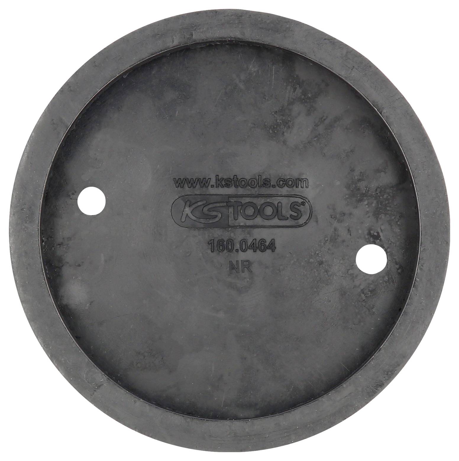 Runder, schwarzer Gummideckel mit der Aufschrift 'www.kstools.com', 'KS TOOLS', und der Nummer '150.0464 NR', zwei Löcher.