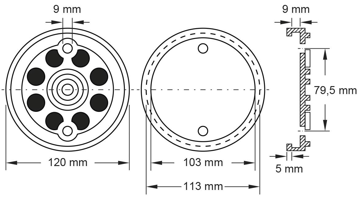 Technische Zeichnung einer zylindrischen Mechanik mit Maßen: Durchmesser 120 mm, Höhe 79,5 mm, Wandstärke 5 mm. Querschnitt und Draufsicht.