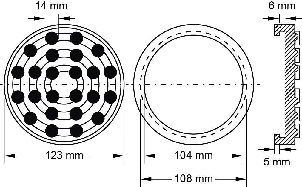 Querschnittszeichnung eines Kabels: links Draufsicht mit 14 mm Abstand zwischen Lagen, 123 mm Durchmesser; rechts Seitenansicht mit 6 mm Breite.