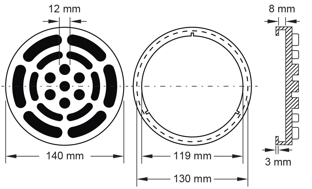 Technische Zeichnung eines runden Lüftungsgitters mit Maßen: 140 mm Durchmesser, 12 mm Höhe, Seitenansicht zeigt 8 mm und 3 mm.