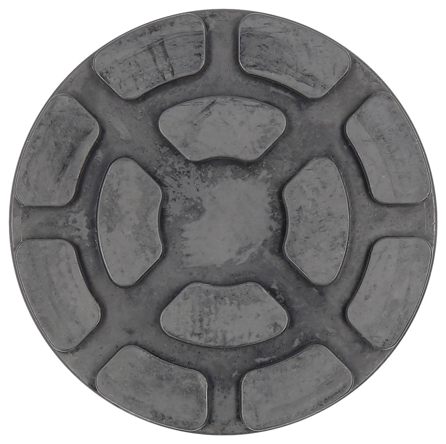 Metallene runde Scheibe mit symmetrischen Mustern und acht leicht erhabenen Segmenten.