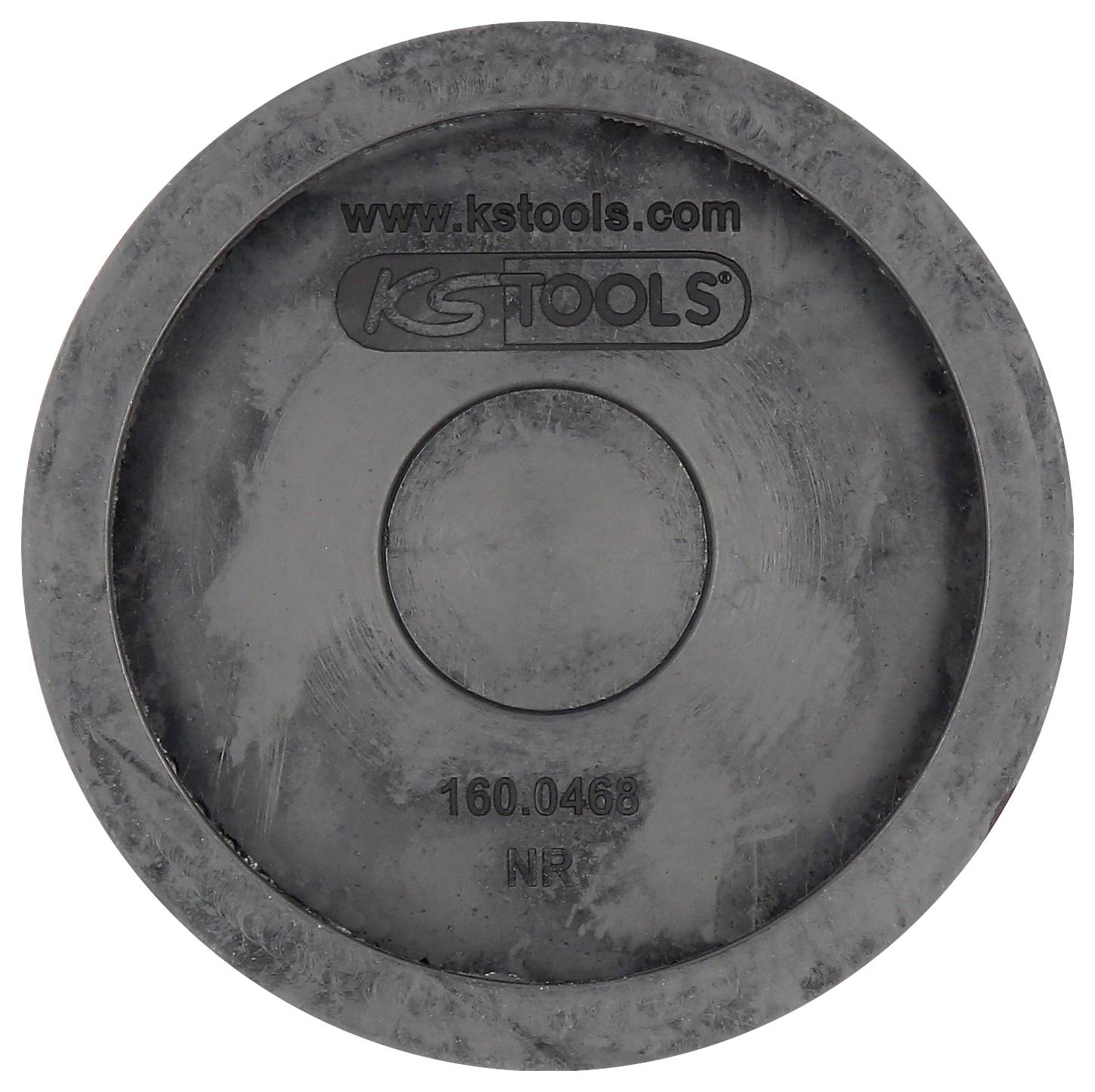 Schwarzes, rundes Kunststoffstück mit der Aufschrift 'www.kstools.com' und '160.0468 NR', verwendet als Werkzeugzubehör.