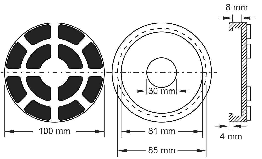 'Technische Zeichnung von drei Ansichten eines zylinderförmigen Objekts mit Maßen: Durchmesser 100 mm, 81 mm, 30 mm; Dicke 8 mm.'