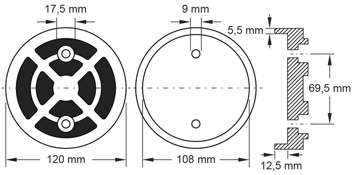 'Technische Zeichnung eines Ventildeckels mit drei Ansichten: Frontansicht 120mm Durchmesser, Seitenansicht 69,5mm Höhe, Oberansicht mit Bohrloch 9mm Durchmesser.'