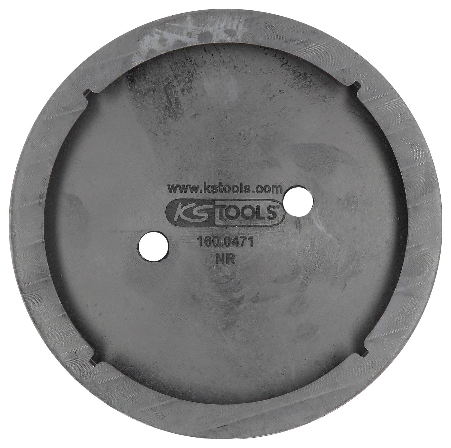 Runde Metallscheibe mit zwei Löchern und der Aufschrift 'www.kstools.com'.
