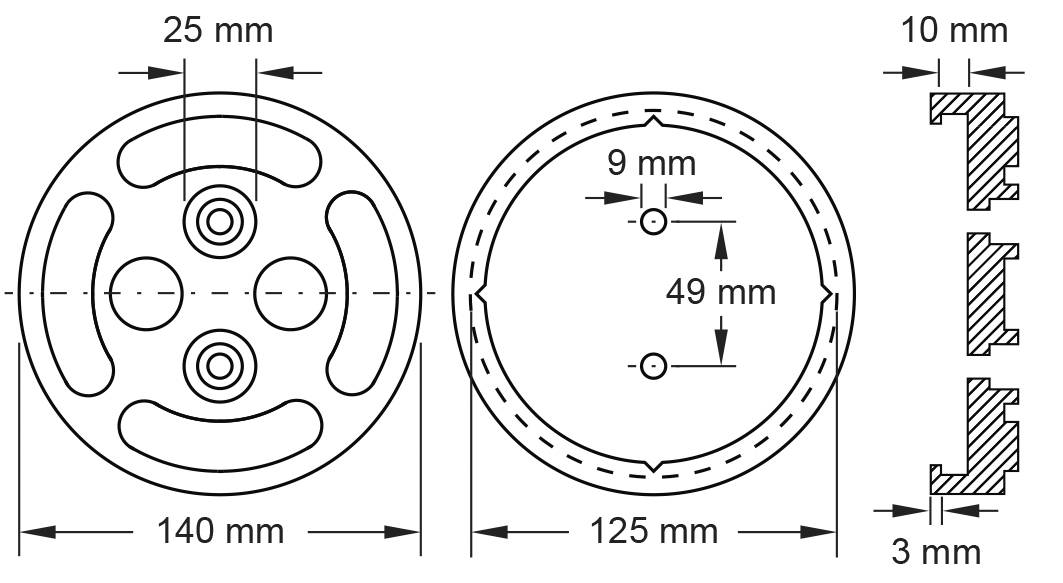 Technische Zeichnung eines runden Maschinenteils. Maße: Durchmesser 140 mm, 25 mm Abstand zu Bohrungen, 9 mm Bohrungsdurchmesser. Querschnittsansicht zeigt 10 mm Tiefe.