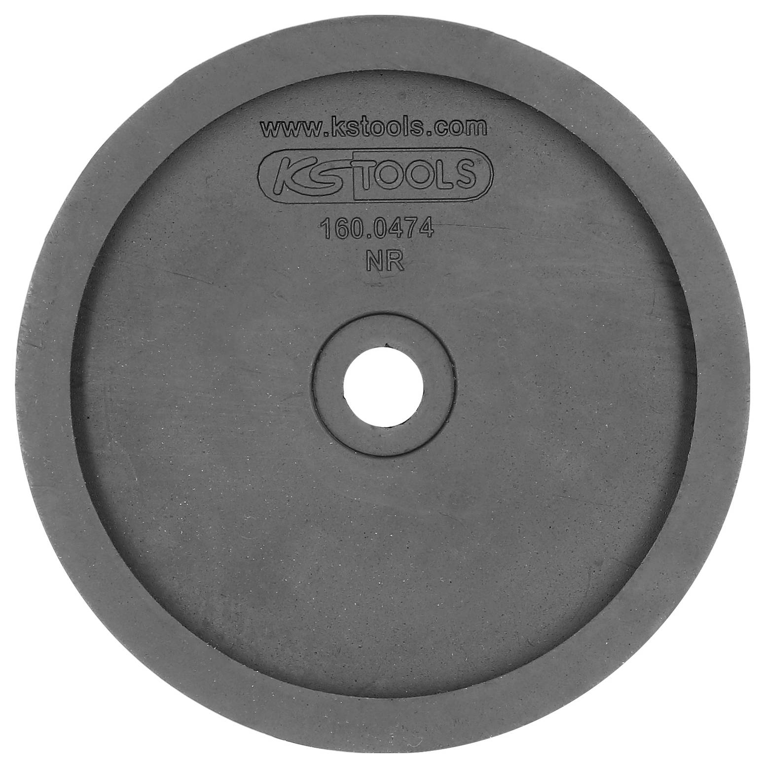 Runde, flache Gummischeibe mit zentralem Loch. Aufgedruckte Webseite und Serie: 'www.kstools.com', '160.0474', 'NR'.