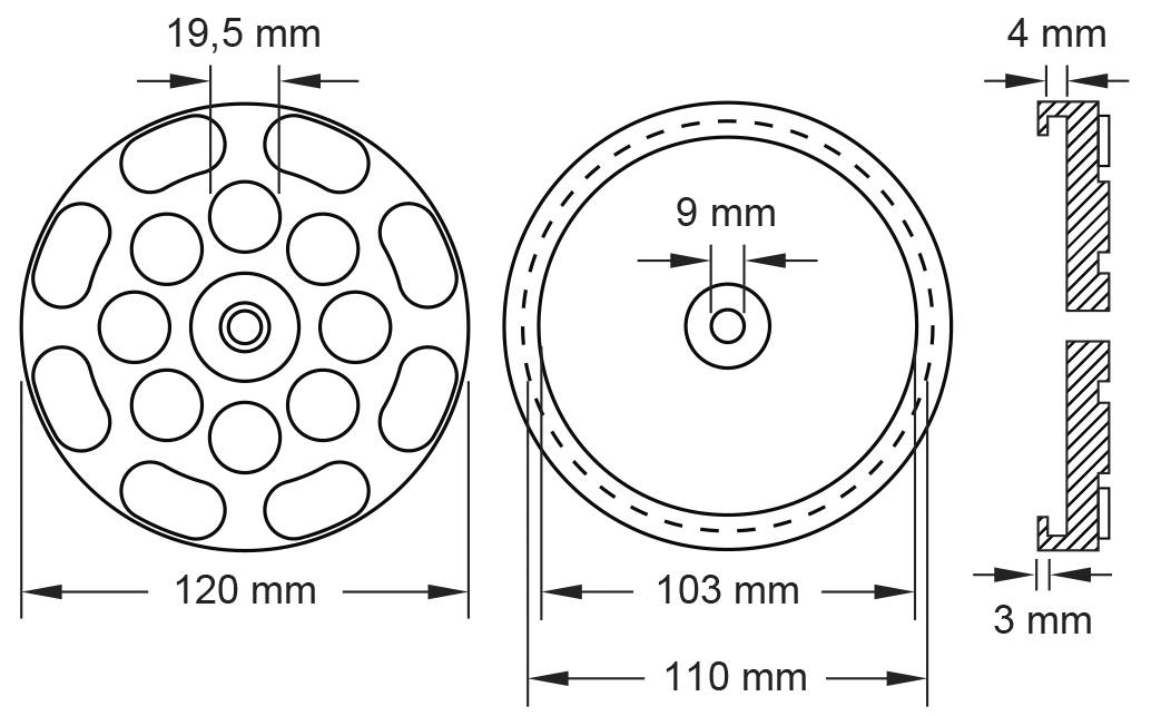 'Technische Zeichnung eines Rades mit Durchmesserangaben: 120 mm außen, 110 mm innere Kante, 103 mm Innendurchmesser. Seitenschnitt zeigt Höhe von 4 mm und Breite von 4 mm bei 3 mm Wänden.'