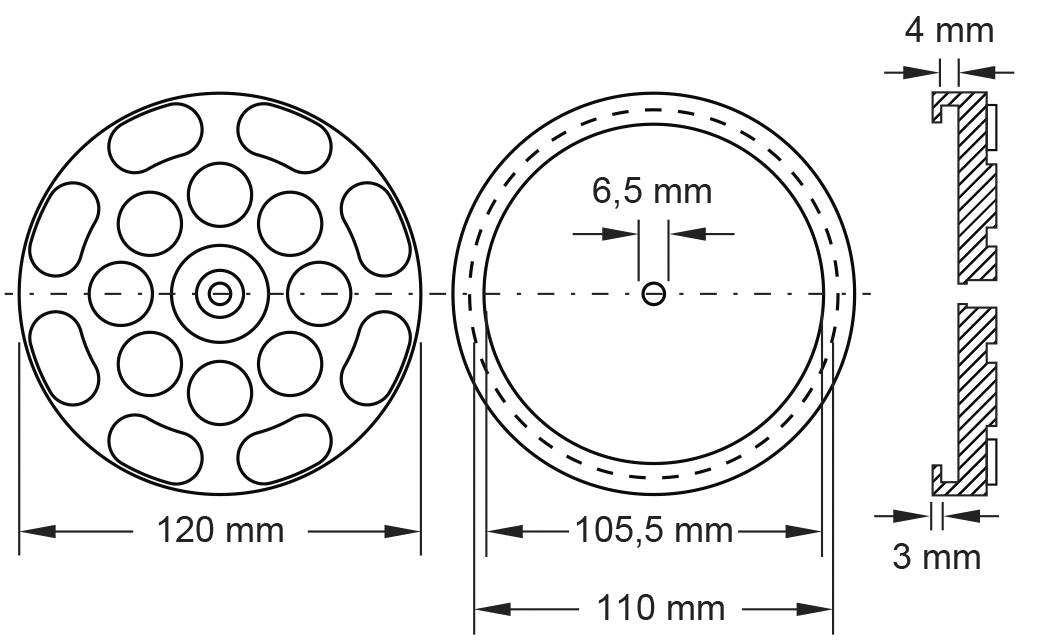 'Bauplan eines runden Objekts mit Maßen: 120 mm Durchmesser, 6,5 mm zentrale Bohrung, 110 mm Innendurchmesser, 4 mm Dicke.'