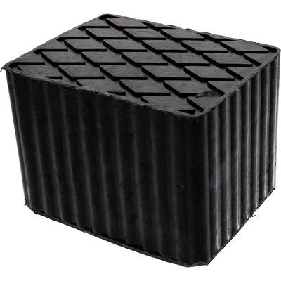 Ein schwarzer Gummiblock mit geriffelter Oberfläche und strukturierter Oberseite steht auf einem weißen Hintergrund.