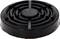 Schwarzer kreisförmiger Gegenstand mit konzentrischen Rillen; sieht robust aus und erinnert an einen schweren Deckel oder eine Dichtung.