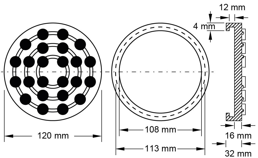 Technische Zeichnung eines Kugellagers mit Durchmessern: außen 120 mm, innen 108 mm. Tiefe 16 mm. Maßdetails und Querschnittansicht.