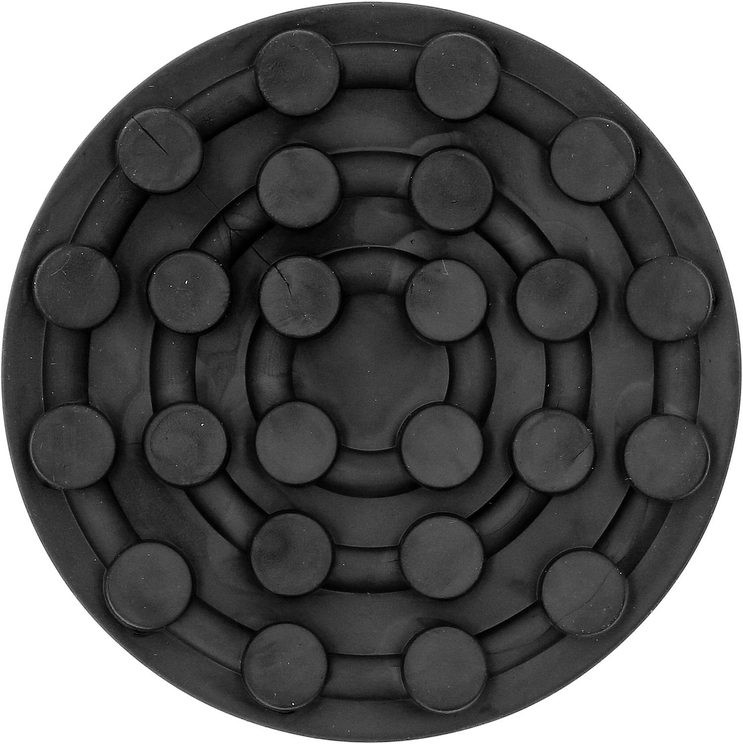 Rundes Labyrinthspiel aus schwarzem Kunststoff mit mehreren konzentrischen Kreisen und beweglichen Punkten.