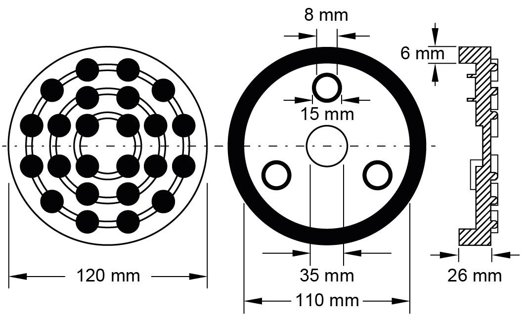 Technische Zeichnung eines Rundsteckers mit Abmessungen: 120 mm Durchmesser, 26 mm Höhe, 15 mm mittlere Bohrung.