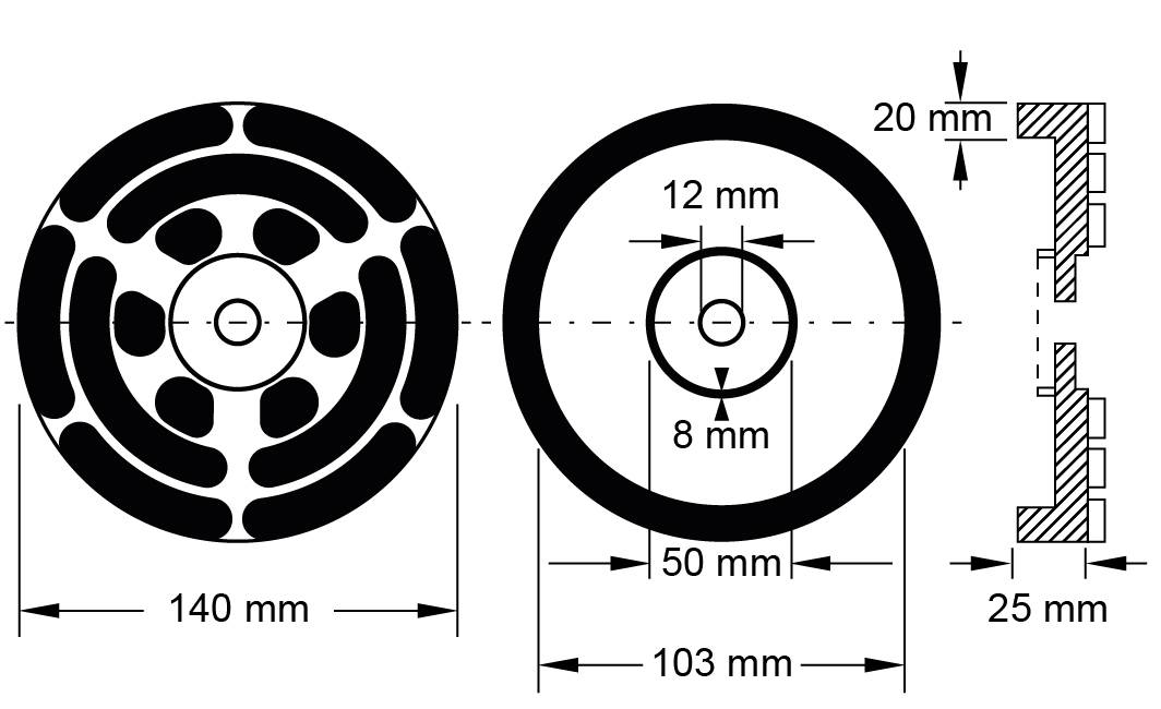 Technische Zeichnung einer Scheibe mit 140 mm Durchmesser, 12 mm innerem Loch, und 25 mm Dicke. Querschnittsdetails rechts.