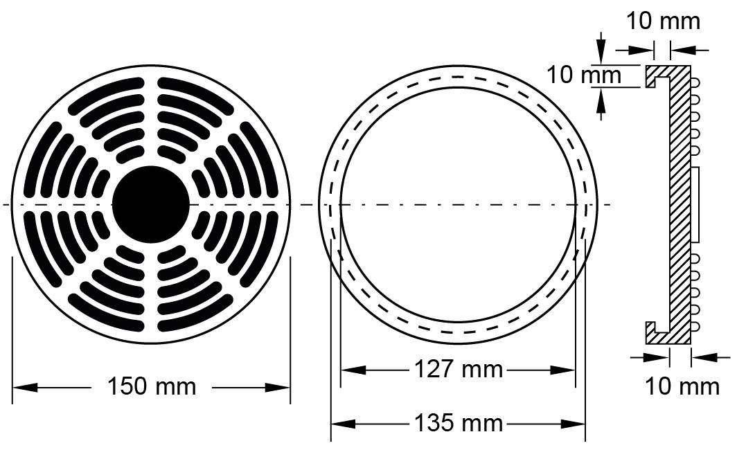 Technische Zeichnung eines runden Lüftungsgitters. Detaillierte Maße: Durchmesser 150 mm, Tiefe 10 mm, Innenringdurchmesser 127 mm.
