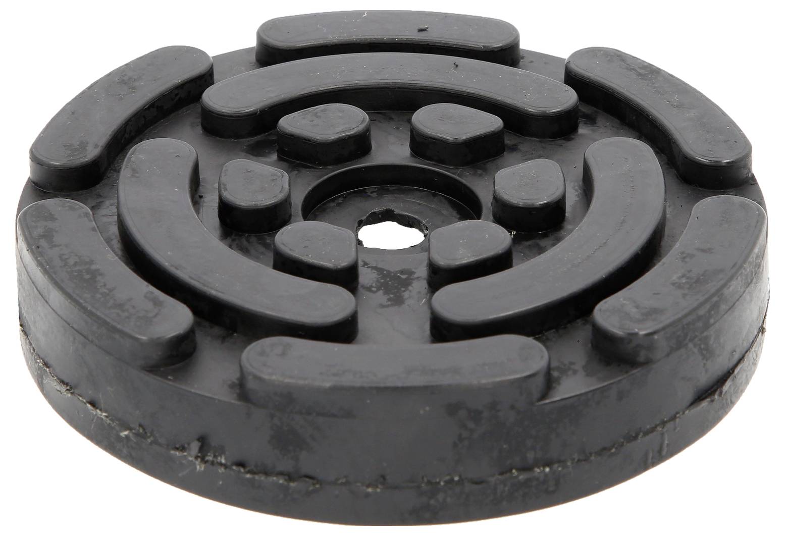 Runde, schwarze Gummidämpferplatte mit mehreren kreisförmigen Aussparungen. Verwendet zur Vibrationsdämpfung in technischen Anwendungen.