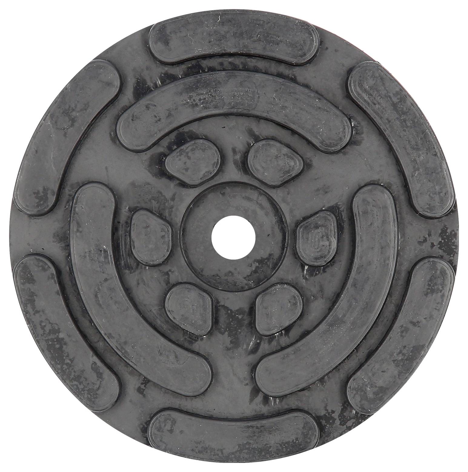 Runde, schwarze Gummischeibe mit radialen Mustern und zentralem Loch. Eignet sich zur stoßdämpfenden Befestigung in mechanischen Anwendungen.