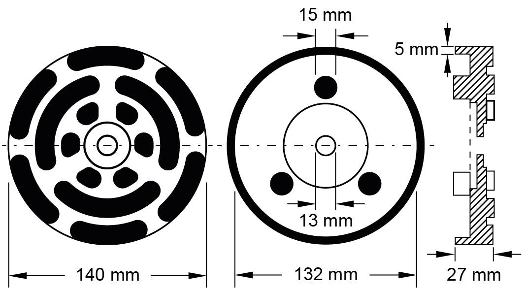 Technische Zeichnung eines Bremsbelags. Vorderansicht links zeigt ein Muster, rechts eine Seitenansicht mit Maßen in Millimetern.