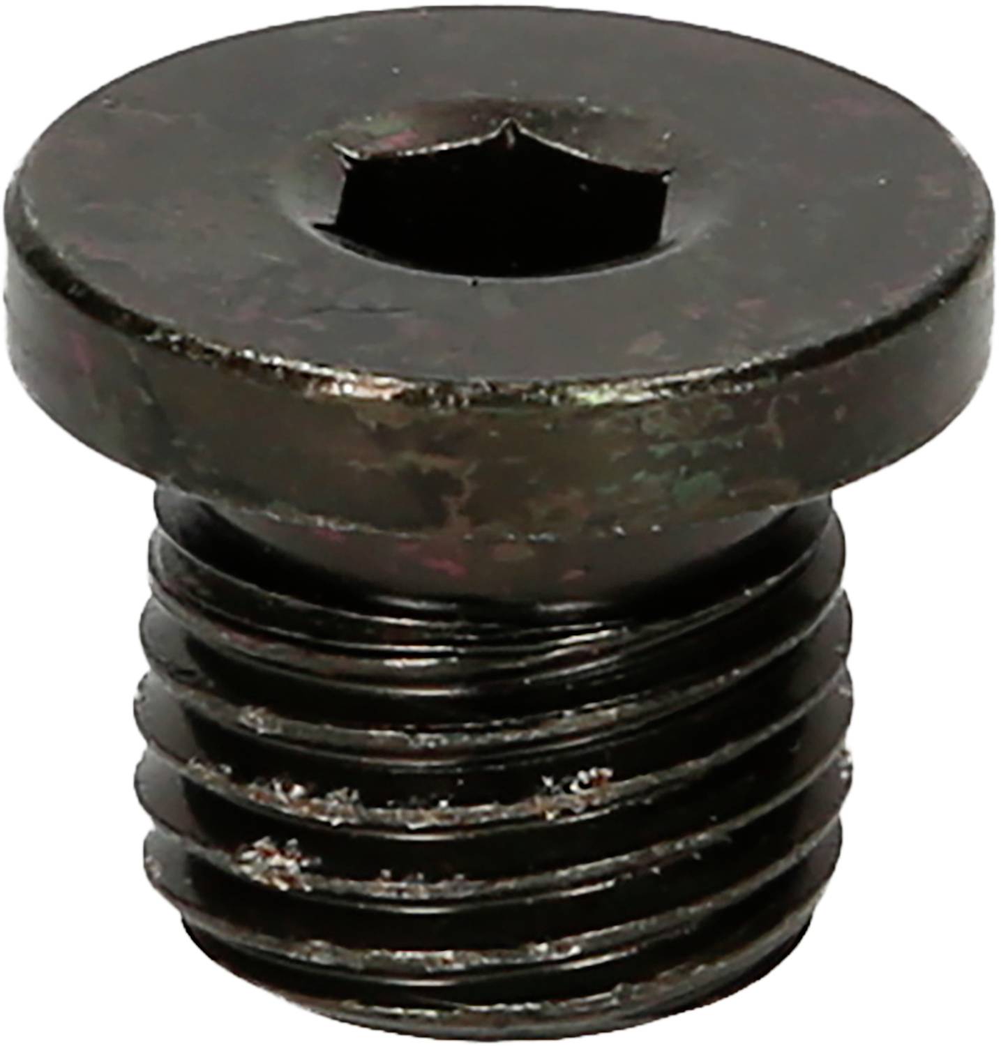 Schwarze, sechskantige Schraube mit flachem Kopf, geeignet für industrielle oder mechanische Anwendungen.
