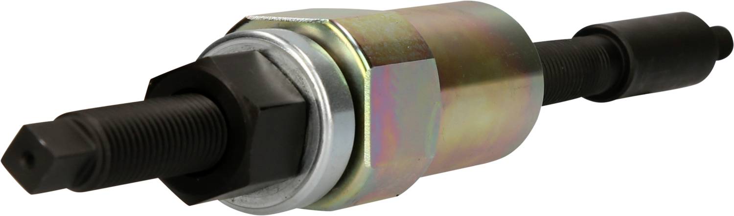 Ein Abzieher-Werkzeug mit zwei Gewindebolzen, einer silbernen Mutter und einem Metallgehäuse, verwendet zum Entfernen von Lagerteilen.