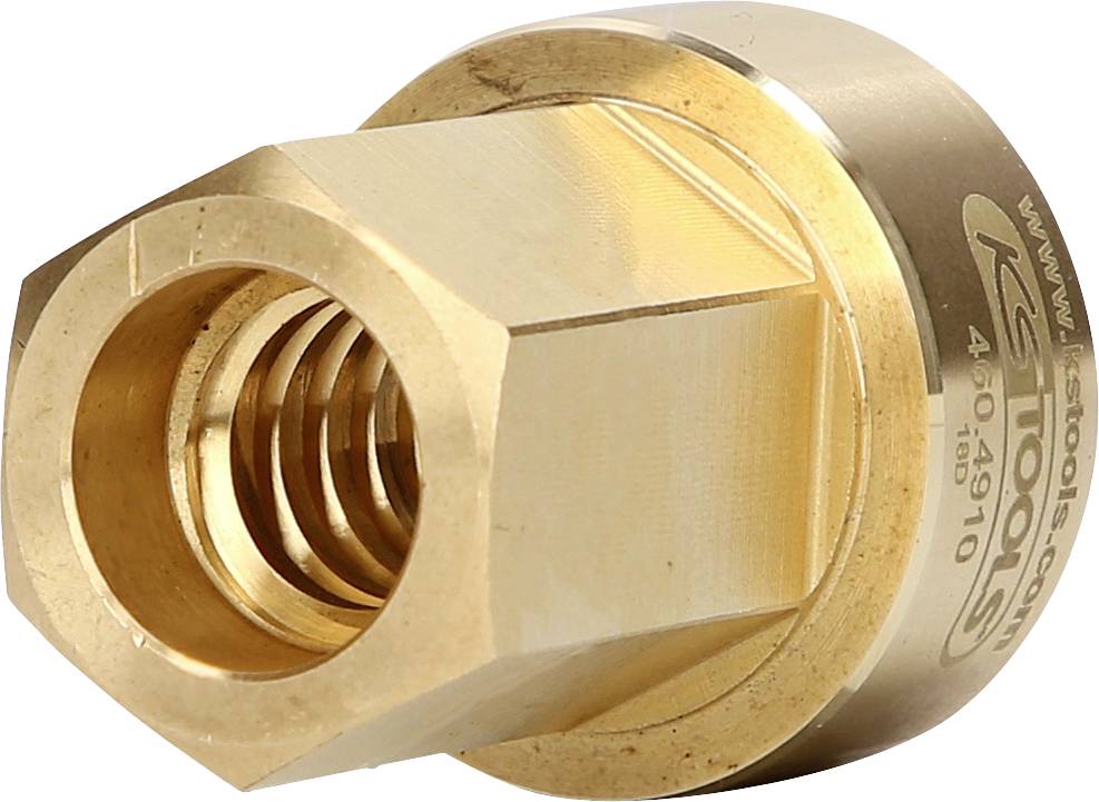 Messing-Schraubenkopf mit einem sechseckigen Design und einem Innengewinde. Die Oberfläche ist glänzend und glatt.
