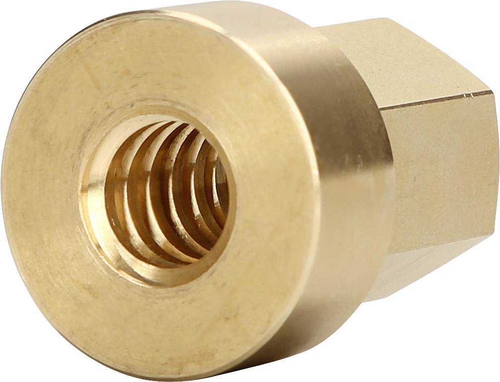 Messingbolzen mit Innengewinde, zylindrische Form, verwendet in mechanischen Anwendungen zur sicheren Befestigung.