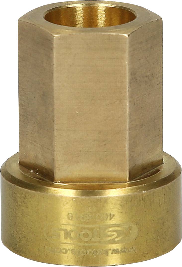 Sechskantförmige Messing-Kupplung oder -Adapter, vermutlich für Verbindungszwecke in Rohrleitungen oder Maschinenkomponenten.