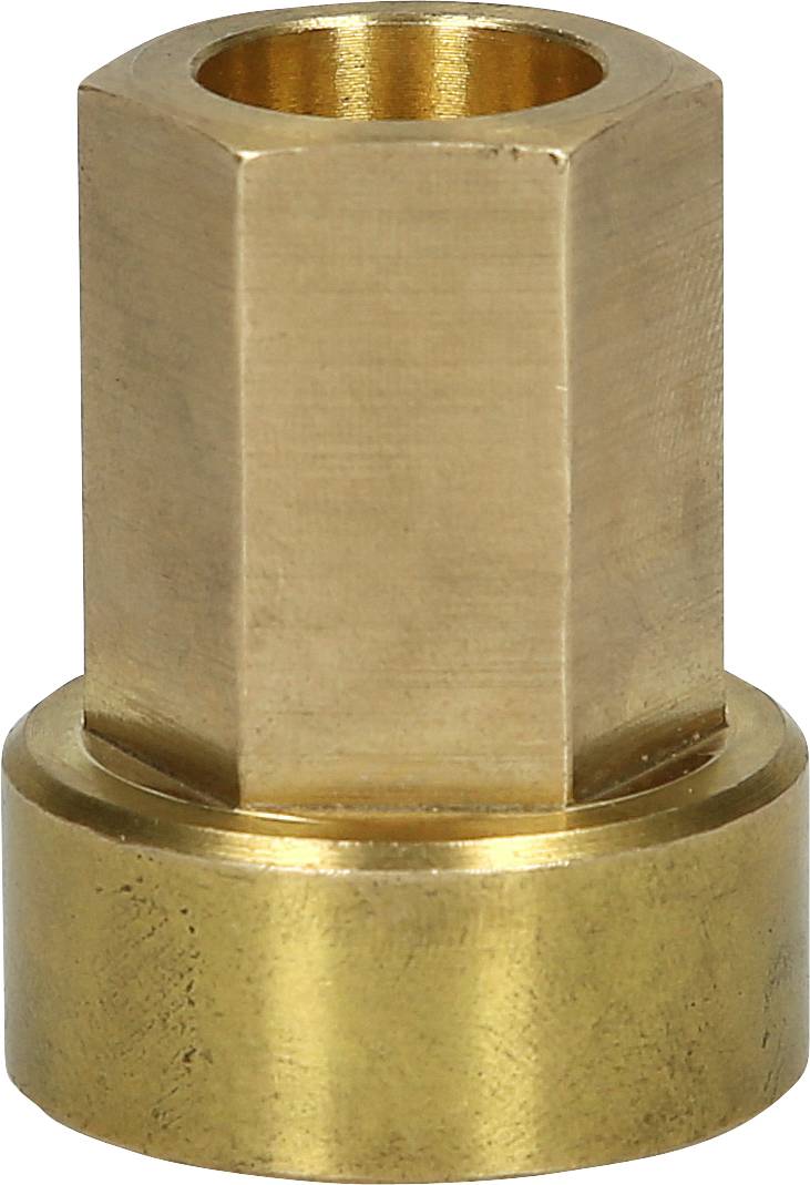 Ein sechseckiger Messing-Buchseinsatz, der als Verbindungselement oder Adapter verwendet wird.