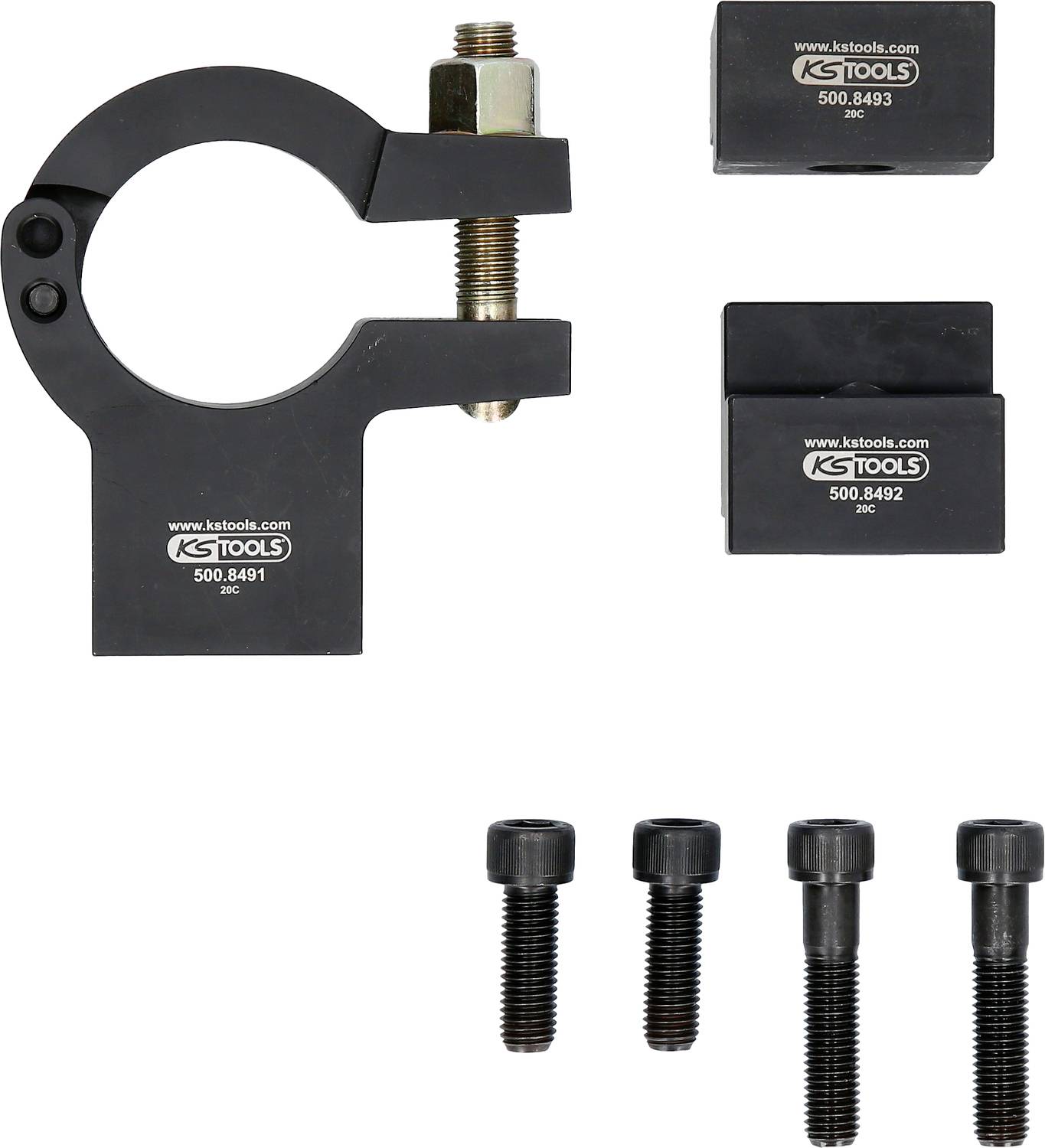 'Klemmbacken-Satz von KS Tools, bestehend aus einer großen Klemme mit Schraubmechanismus für Achsenmontage und vier Schrauben.'