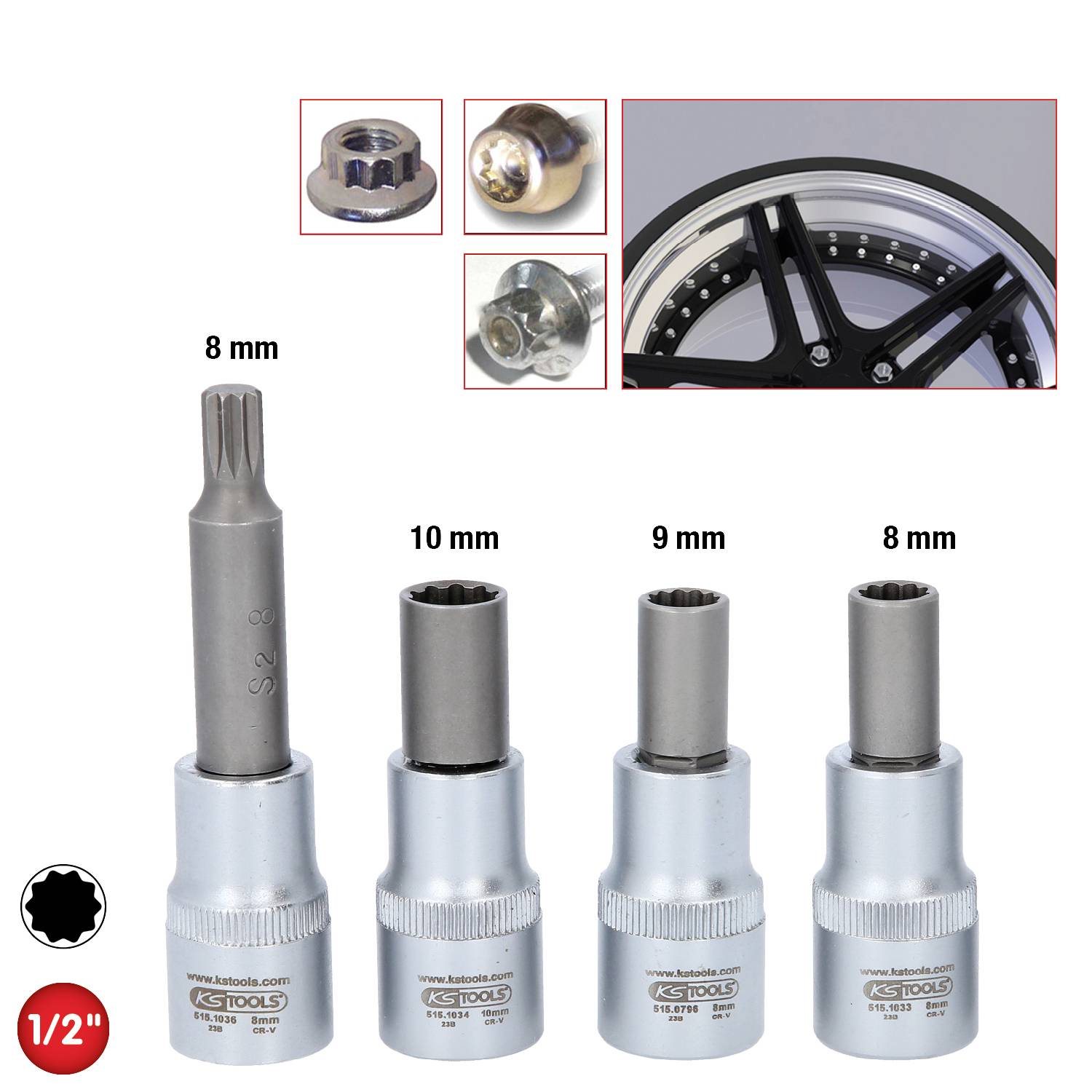 'Satz von 4 Metallnüssen in verschiedenen Größen (8 mm, 9 mm, 10 mm). Anwendbar für spezialisierte Radschrauben.'