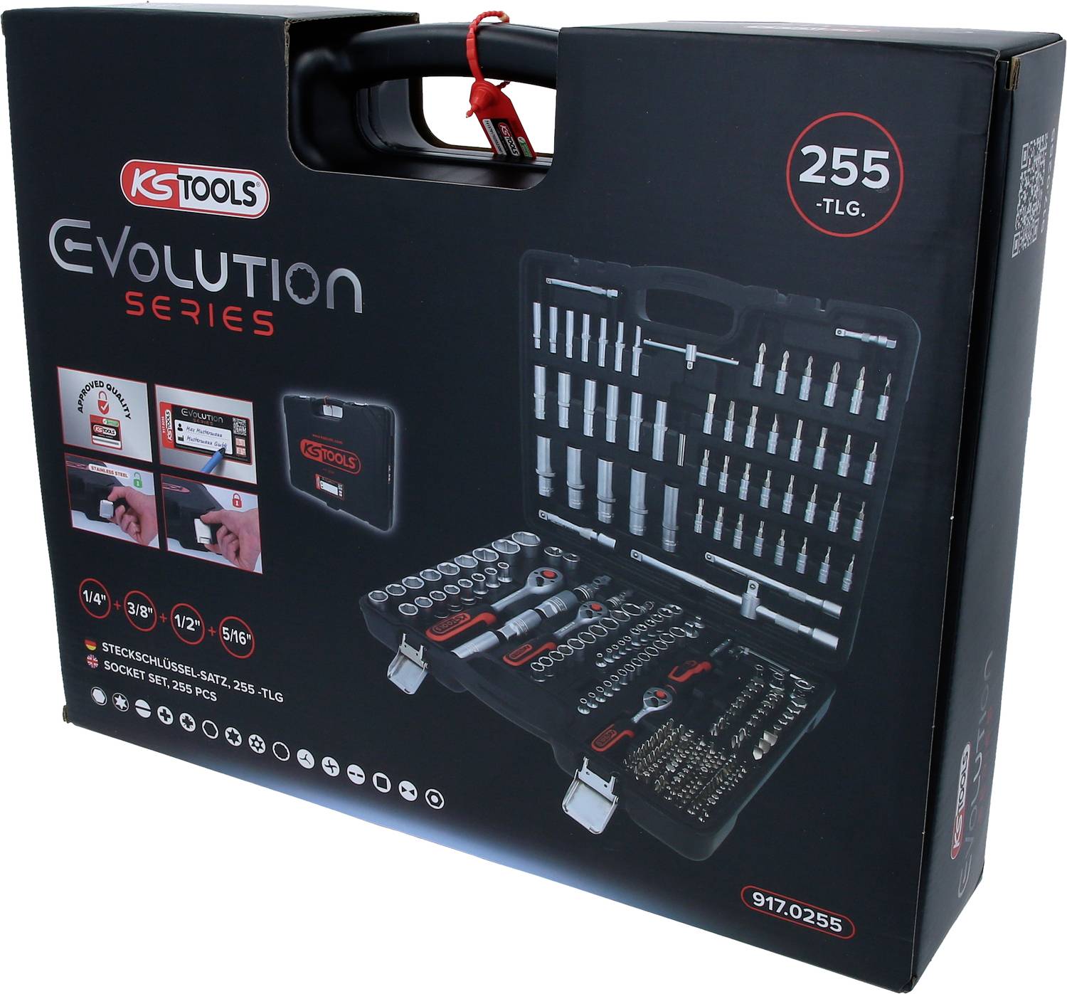 'Werkzeugkoffer mit 255-teiliger Steckschlüsselgarnitur. Enthält verschiedene Bits und Ratschen. Markenname und Produktdetails auf dem Koffer.'